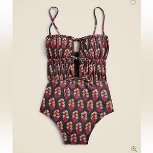 J.Crew: Ruched Cutout One-piece Swimsuit In Cocoa Block Print